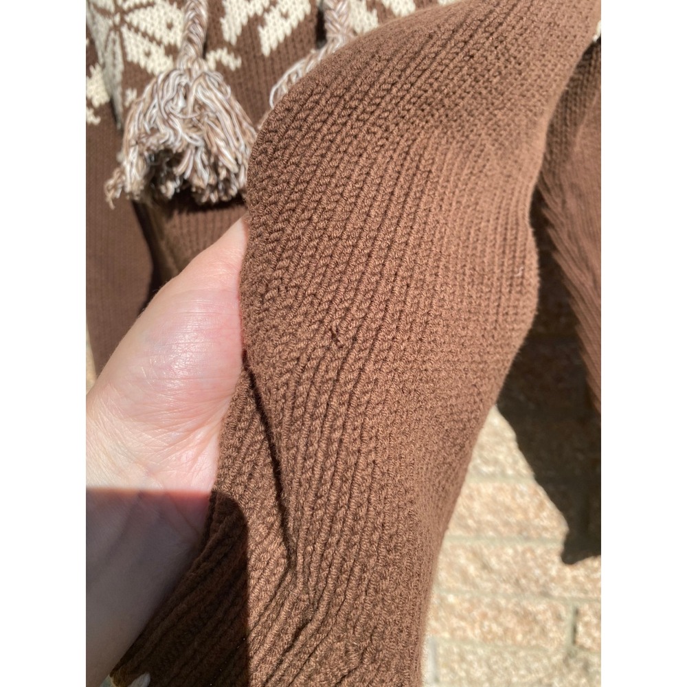 Vintage Y2K Fair Isle Snowflake Knit Brown Hoodie Sweater Tassels Large Cabin - Picture 4 of 6